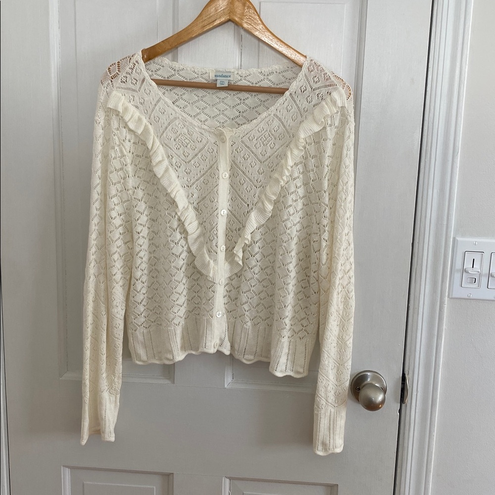 SUNDANCE Petite XL Emery Linen Blend Crochet Knit Ruffle Cardigan Sweater READ